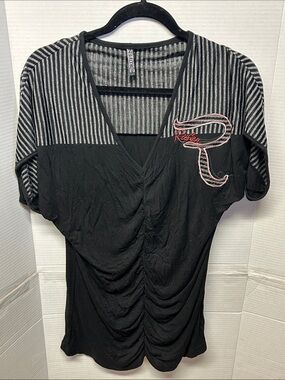 Black Rufen V-Neck Top with Striped Yoke